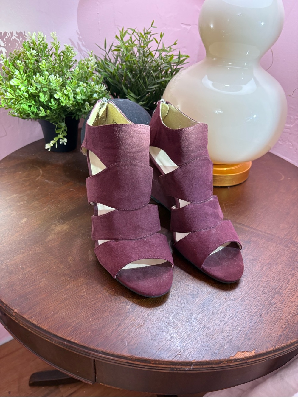 Cato Burgundy Suede Strappy Peep-Toe Heels
